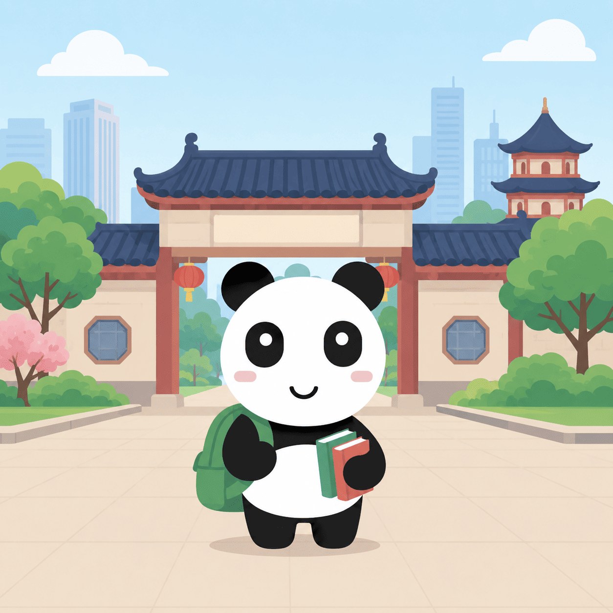Illustration of a campus gate with a student backpack and books