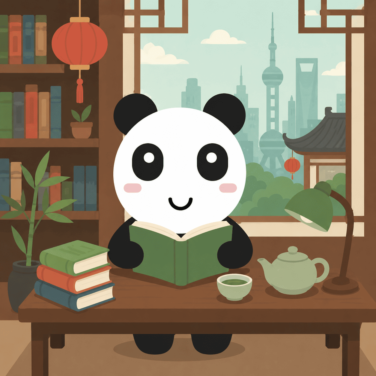 Illustration of a study desk with books, tea and a city view